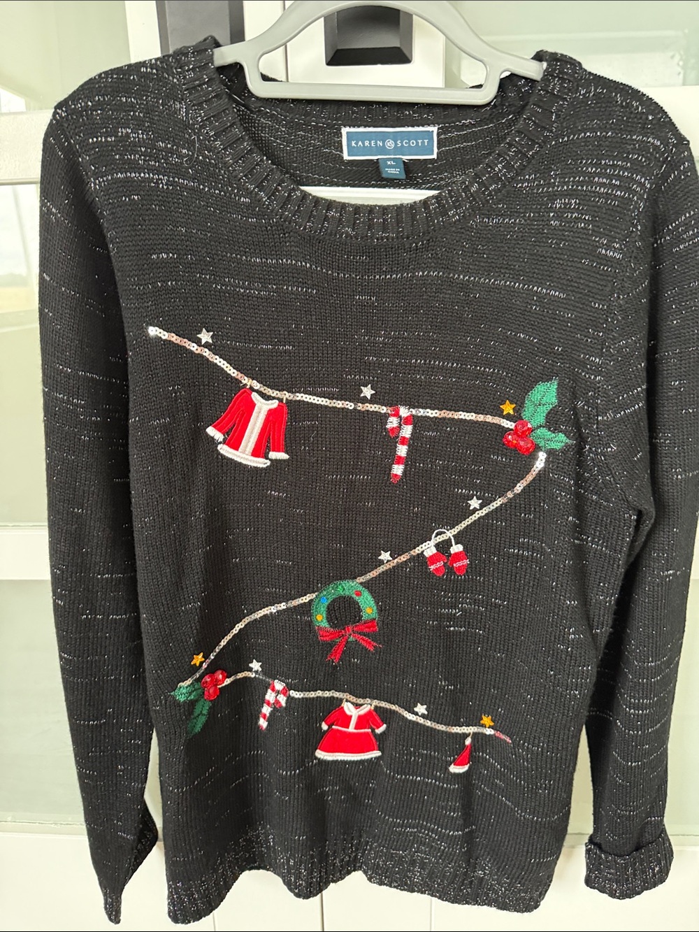 Karen Scott Black Embellished Holiday Crewneck Sweater